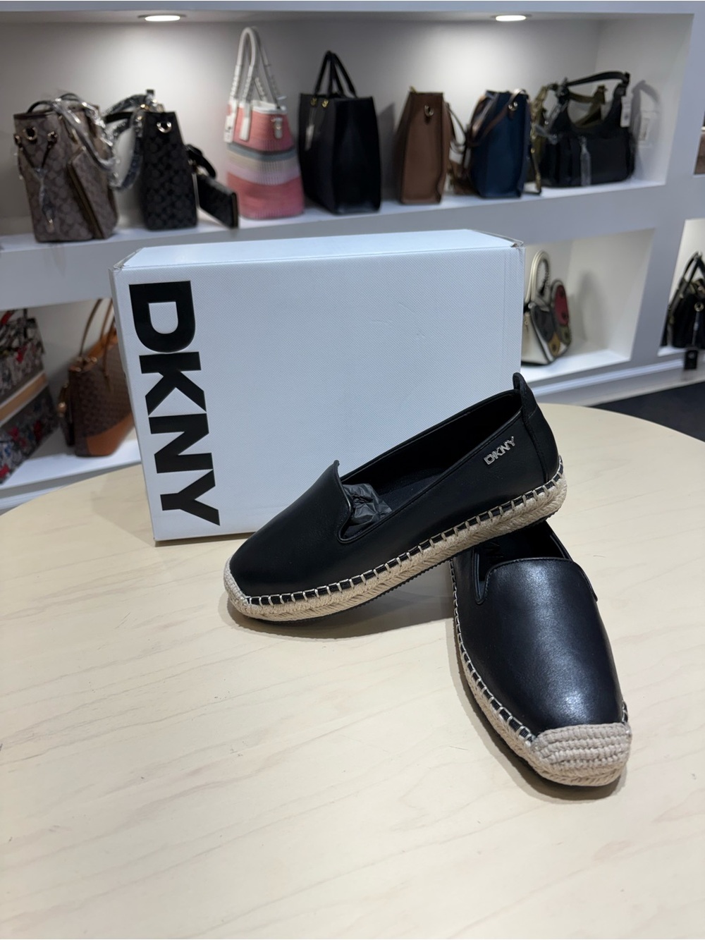 DKNY Black Leather Espadrille Slip-Ons with Natural Jute Trim